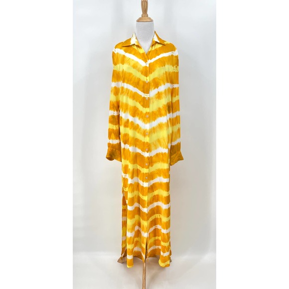 Martha Rey Dresses & Skirts - MARTHA REY Dress Womens Medium Yellow Tie Dye Maxi Shirtdress Long Sleeve